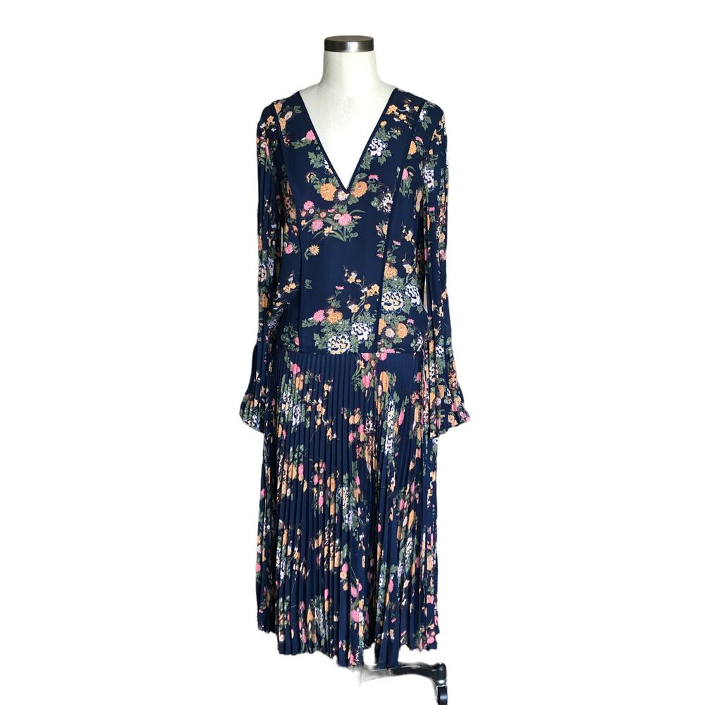 STEFFEN SCHRAUT Navy Blue Floral Pleated‎ Drop Waist Midi Dress Size 36 NWT